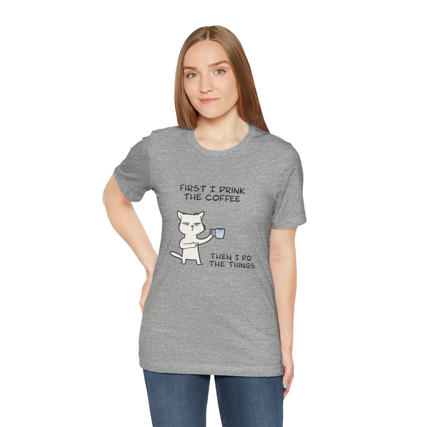 Cat Drinking Coffee To Kick Start The day and Do Things. Unisex Jersey Short Sleeve Tee