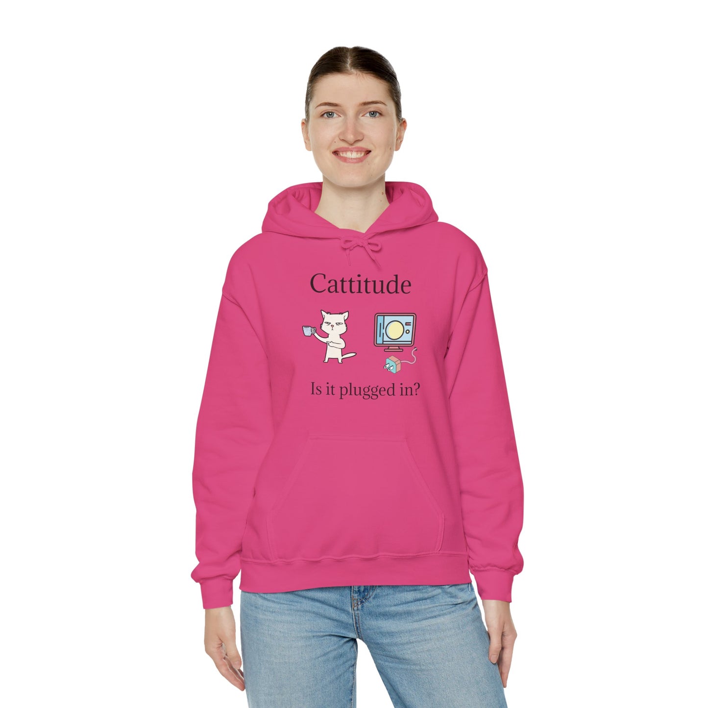 Cattitude, Is it plugged In, Unisex Hooded Sweatshirt.