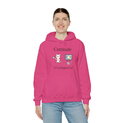 Cattitude, Is it plugged In, Unisex Hooded Sweatshirt.