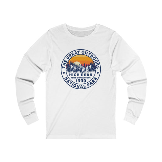 Never Stop Exploring. High Peak National Park. Unisex Jersey Long Sleeve Tee