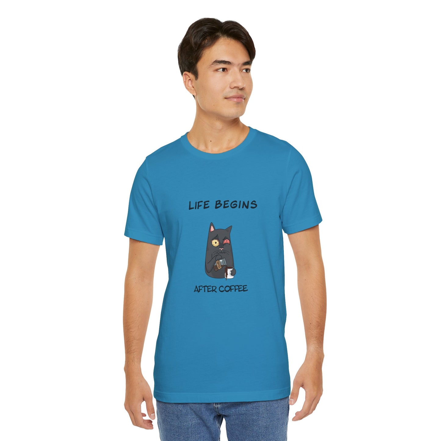 Luna The Cat. Life Begins After Coffee. Unisex Jersey Short Sleeve Tee