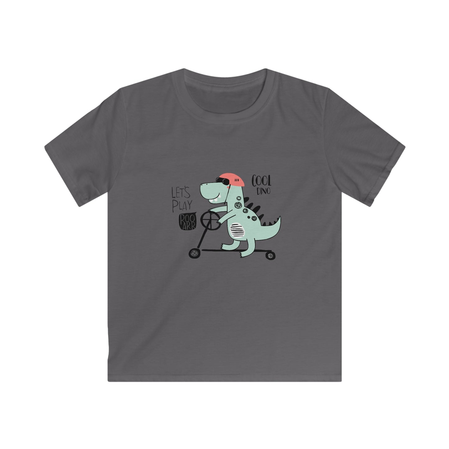 Cool Skate Boarding Kid Dino.  Kids Softstyle Tee