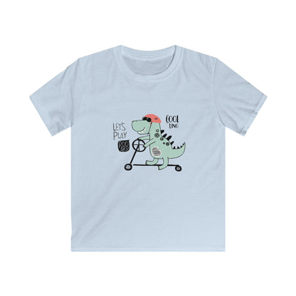 Cool Skate Boarding Kid Dino.  Kids Softstyle Tee