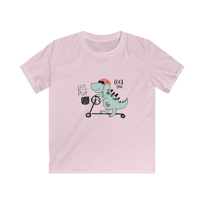 Cool Skate Boarding Kid Dino.  Kids Softstyle Tee