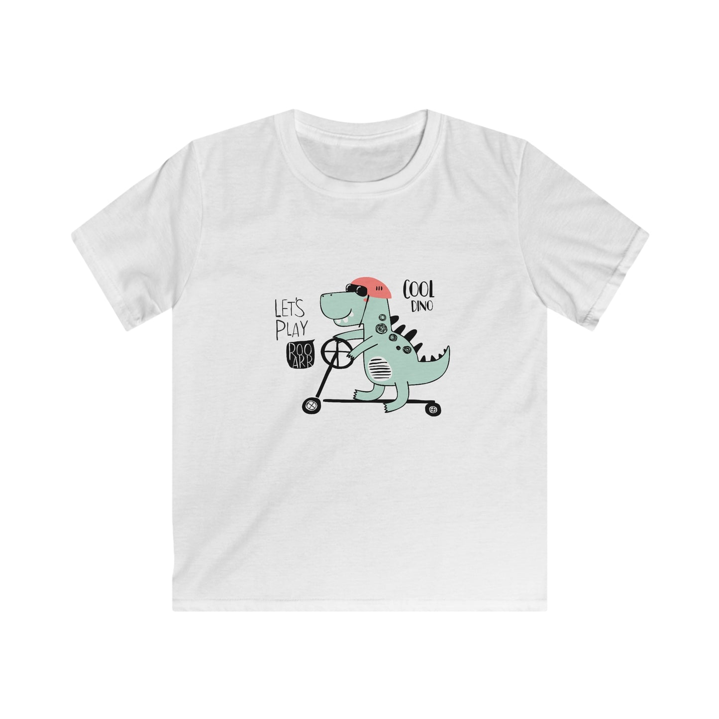 Cool Skate Boarding Kid Dino.  Kids Softstyle Tee