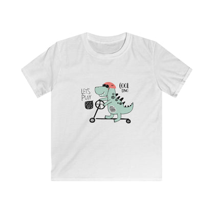 Cool Skate Boarding Kid Dino.  Kids Softstyle Tee