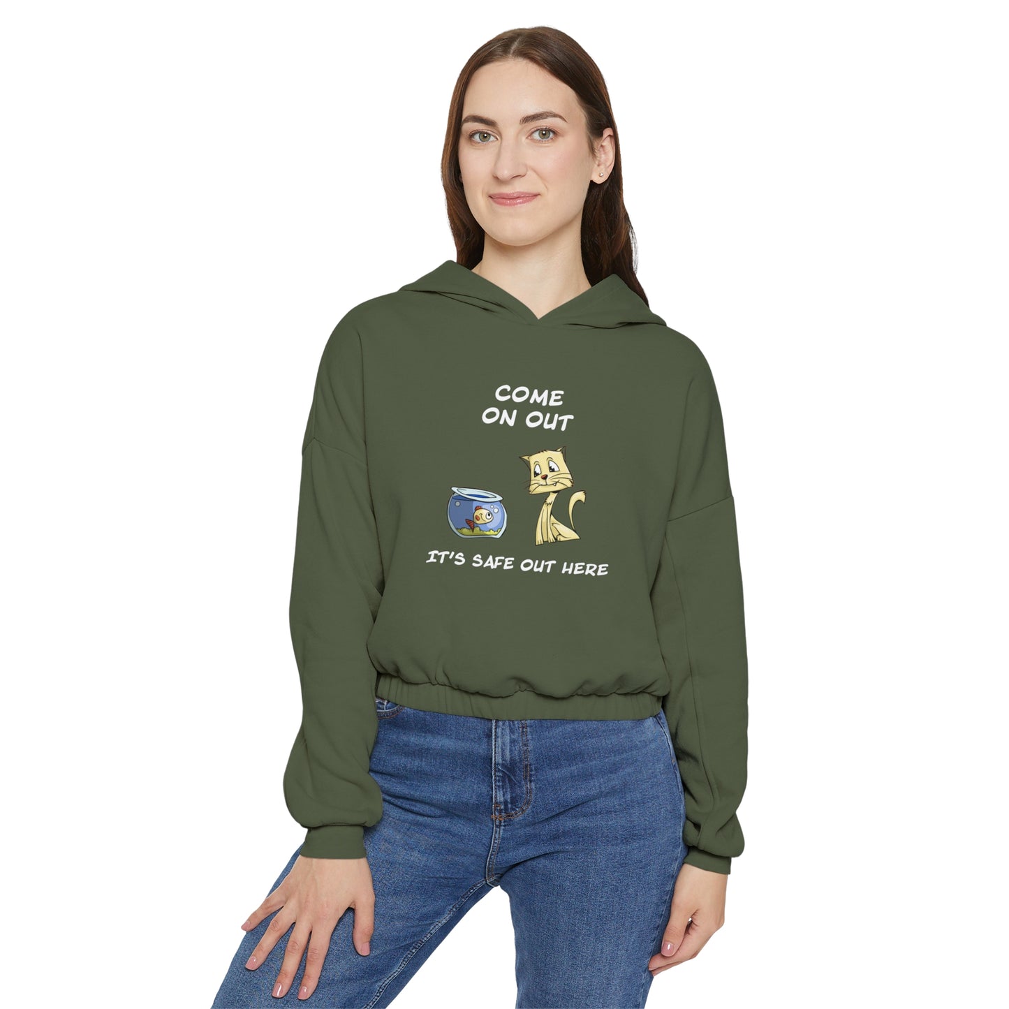 Kitty Cat Trying To Trick The Fish To Come Out. Women's Cinched Bottom Hoodie