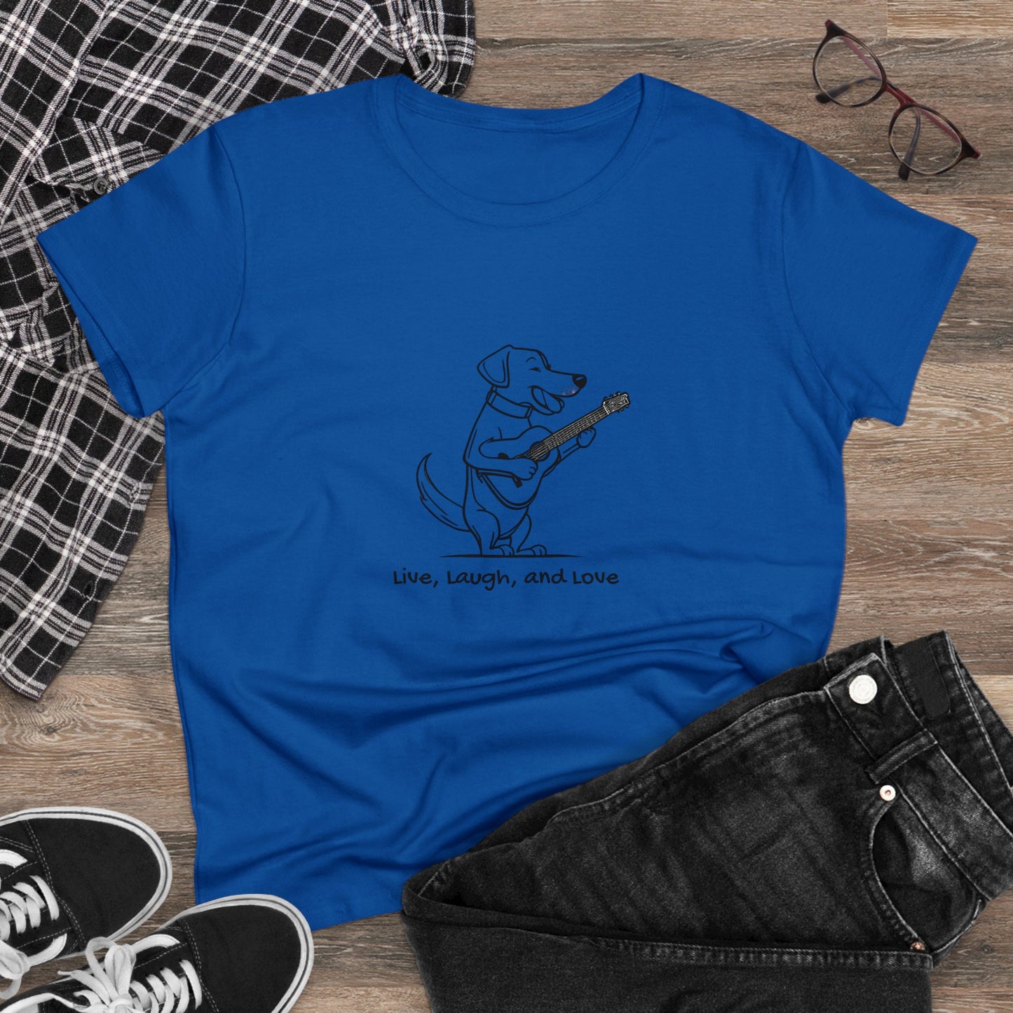 Dog With Guitar. Live, Laugh, and Love. Women's Midweight Cotton Tee