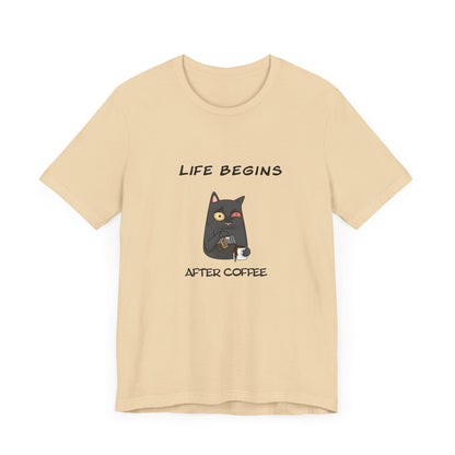 Luna The Cat. Life Begins After Coffee. Unisex Jersey Short Sleeve Tee