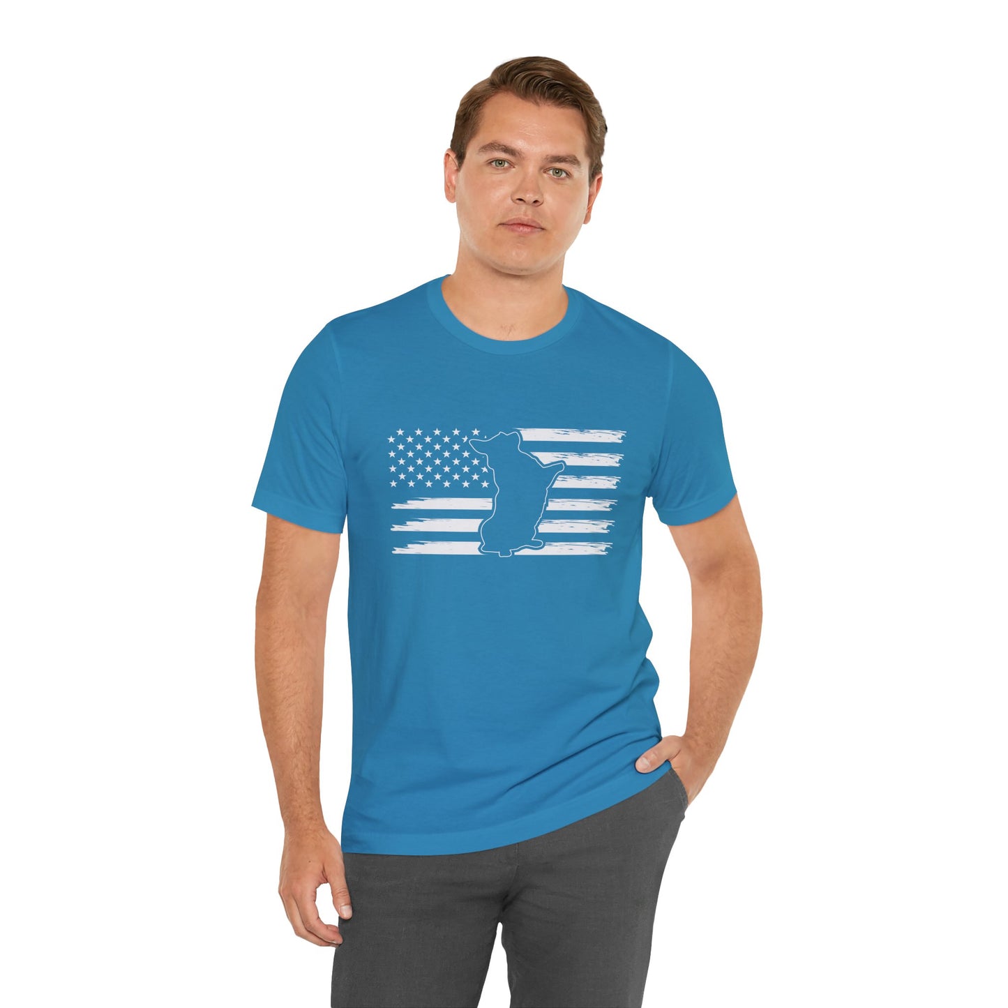 Charlie The American Flag Dog.  Unisex Jersey Short Sleeve Tee