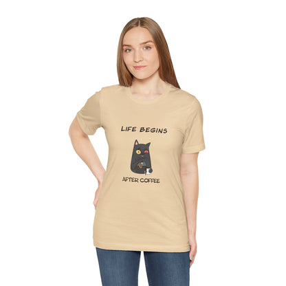 Luna The Cat. Life Begins After Coffee. Unisex Jersey Short Sleeve Tee