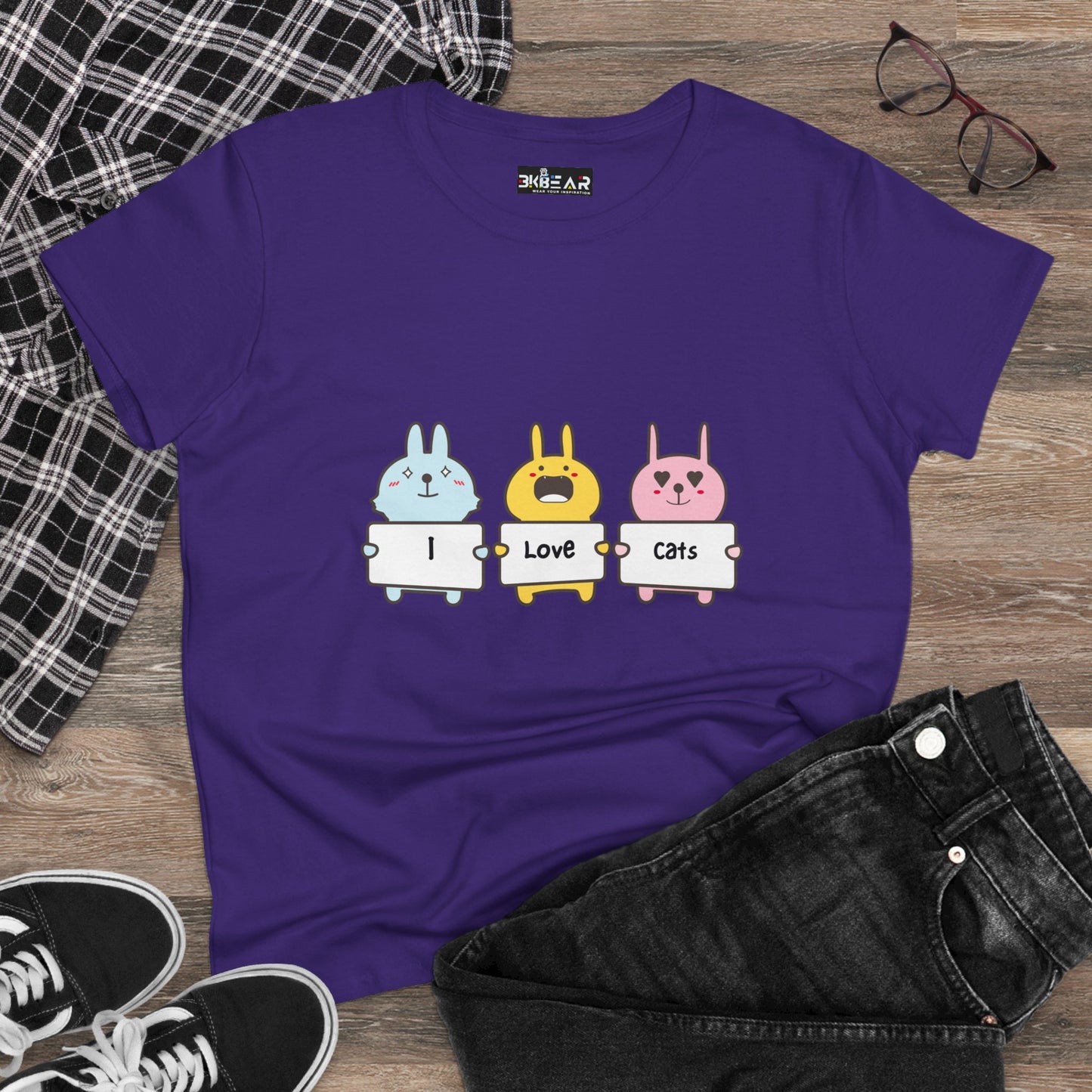 I Love Cats Women’s Midweight Cotton Tee – Cute Graphic Cat Lover T-Shirt