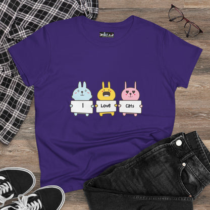 I Love Cats Women’s Midweight Cotton Tee – Cute Graphic Cat Lover T-Shirt