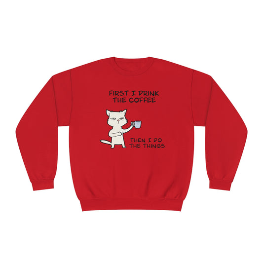 Cat Drinking Coffee To Kick Start The day and Do Things. Unisex NuBlend® Crewneck Sweatshirt