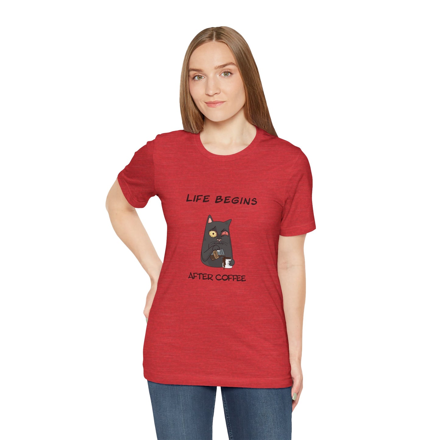 Luna The Cat. Life Begins After Coffee. Unisex Jersey Short Sleeve Tee