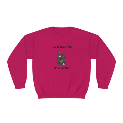 Luna The Cat. Life Begins After Coffee. Unisex NuBlend® Crewneck Sweatshirt