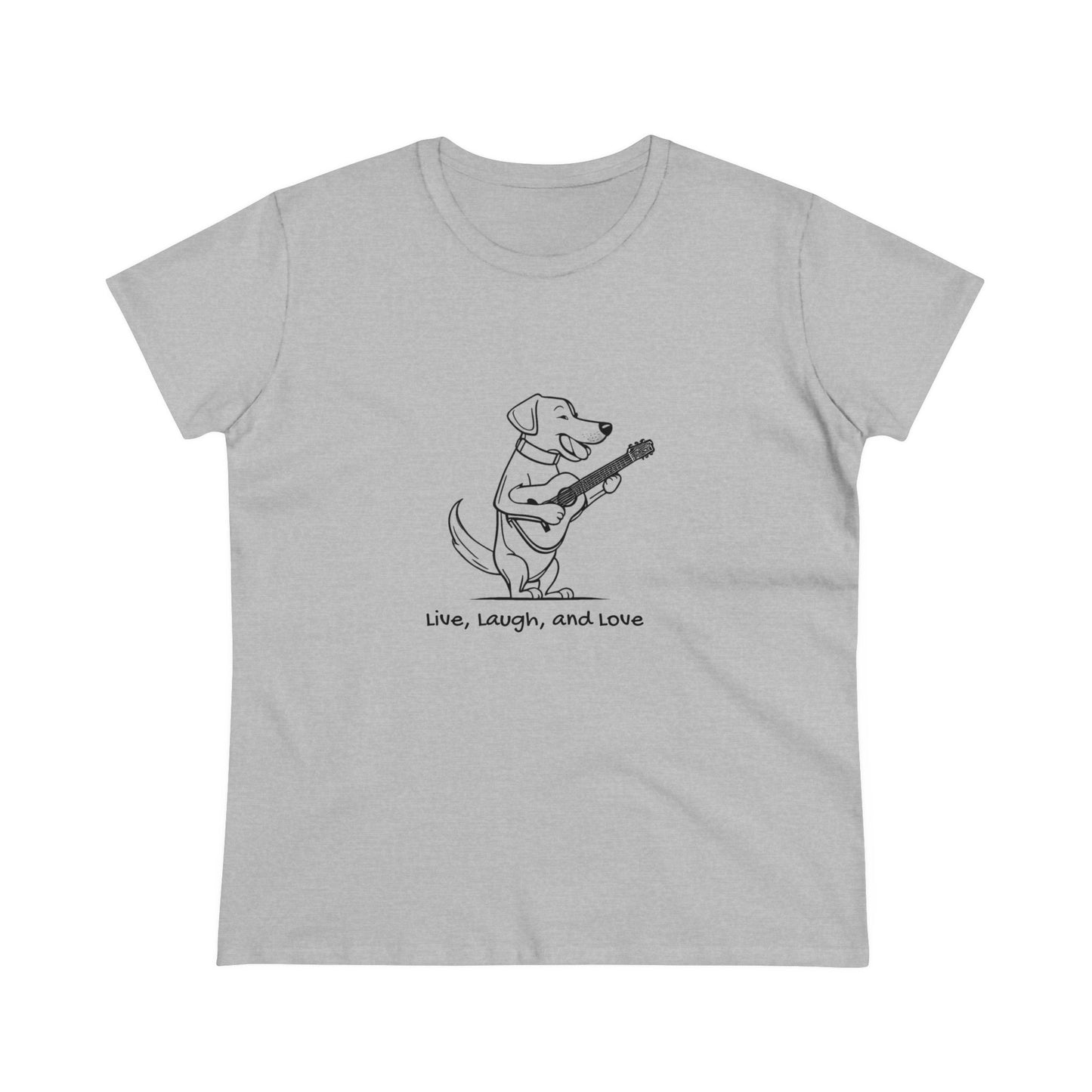 Dog With Guitar. Live, Laugh, and Love. Women's Midweight Cotton Tee