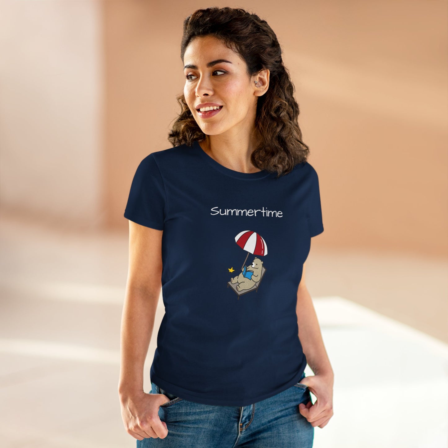 Summertime Bear Graphic Tee - Women’s Midweight Cotton T-Shirt | Eco-Friendly
