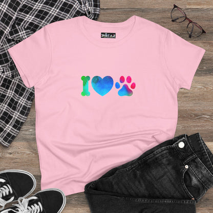 I ♥ Paws Women’s Midweight Cotton Tee – Animal Lover Graphic T-Shirt
