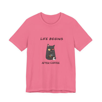 Luna The Cat. Life Begins After Coffee. Unisex Jersey Short Sleeve Tee