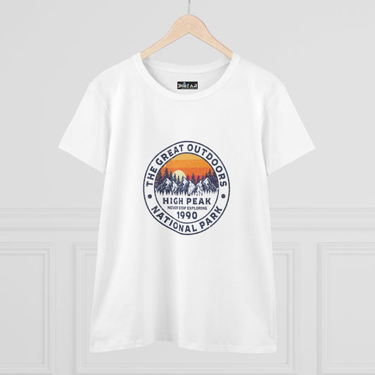 Never Stop Exploring. High Peak National Park. Women's Midweight Cotton Tee