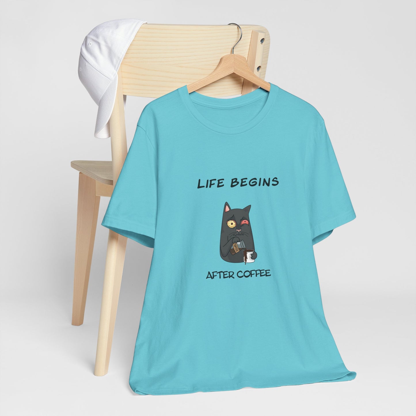 Luna The Cat. Life Begins After Coffee. Unisex Jersey Short Sleeve Tee