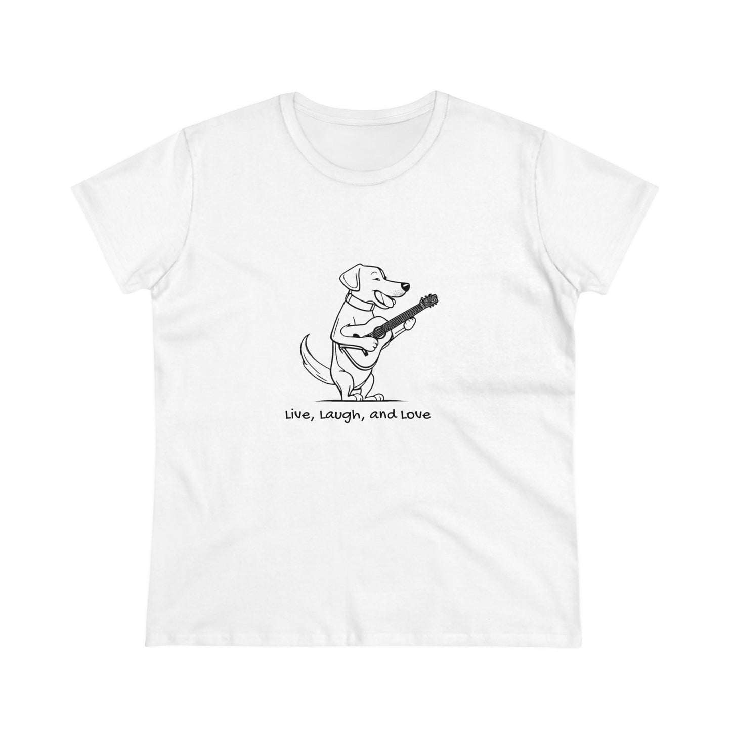 Dog With Guitar. Live, Laugh, and Love. Women's Midweight Cotton Tee