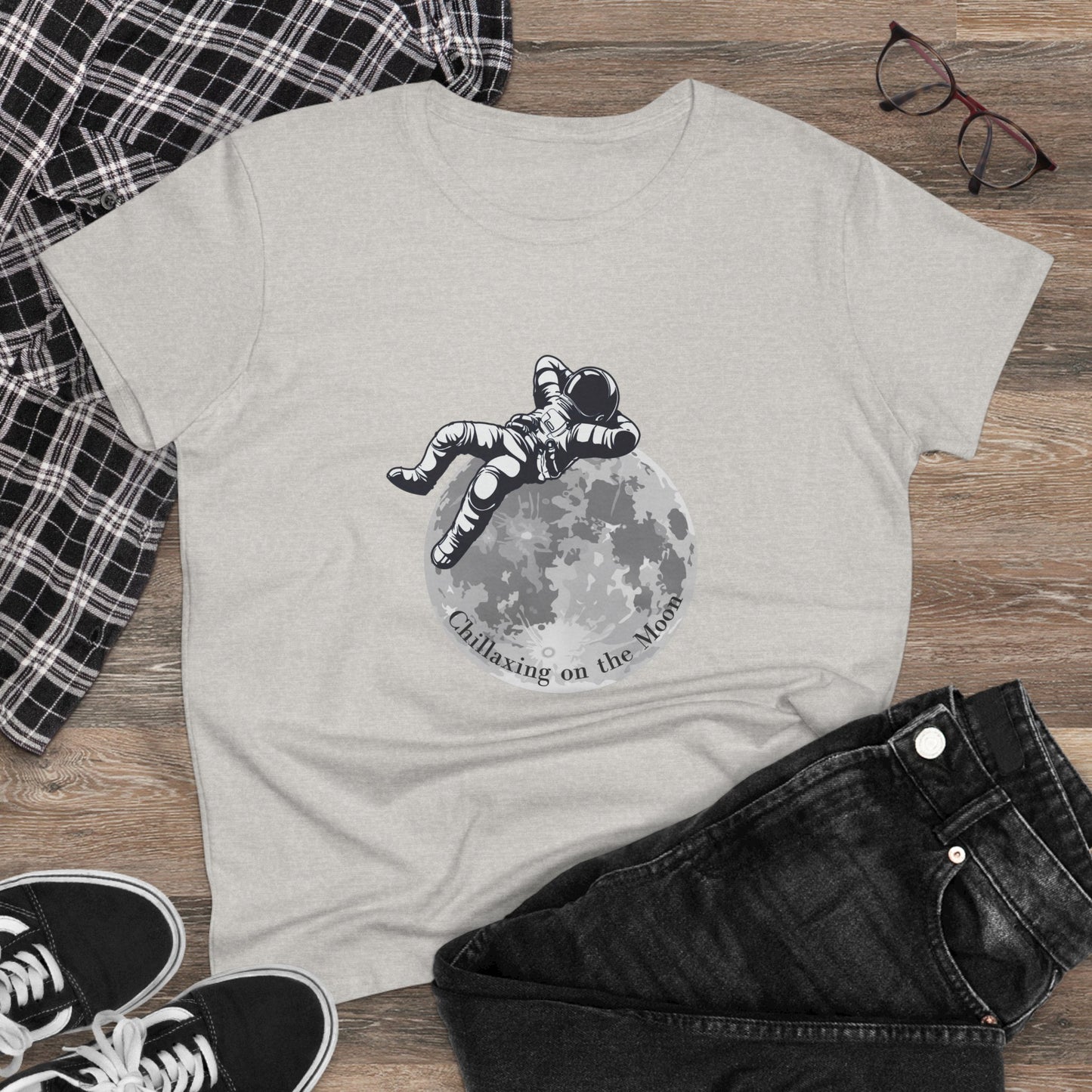 Chillaxing on the Moon – Space Graphic T-Shirt for Women