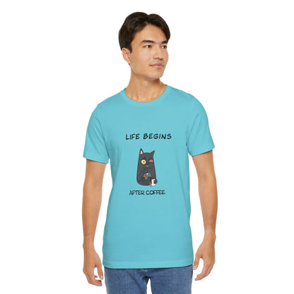 Luna The Cat. Life Begins After Coffee. Unisex Jersey Short Sleeve Tee