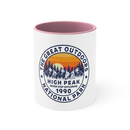 Never Stop Exploring. High Peak National Park. Accent Coffee Mug, 11oz