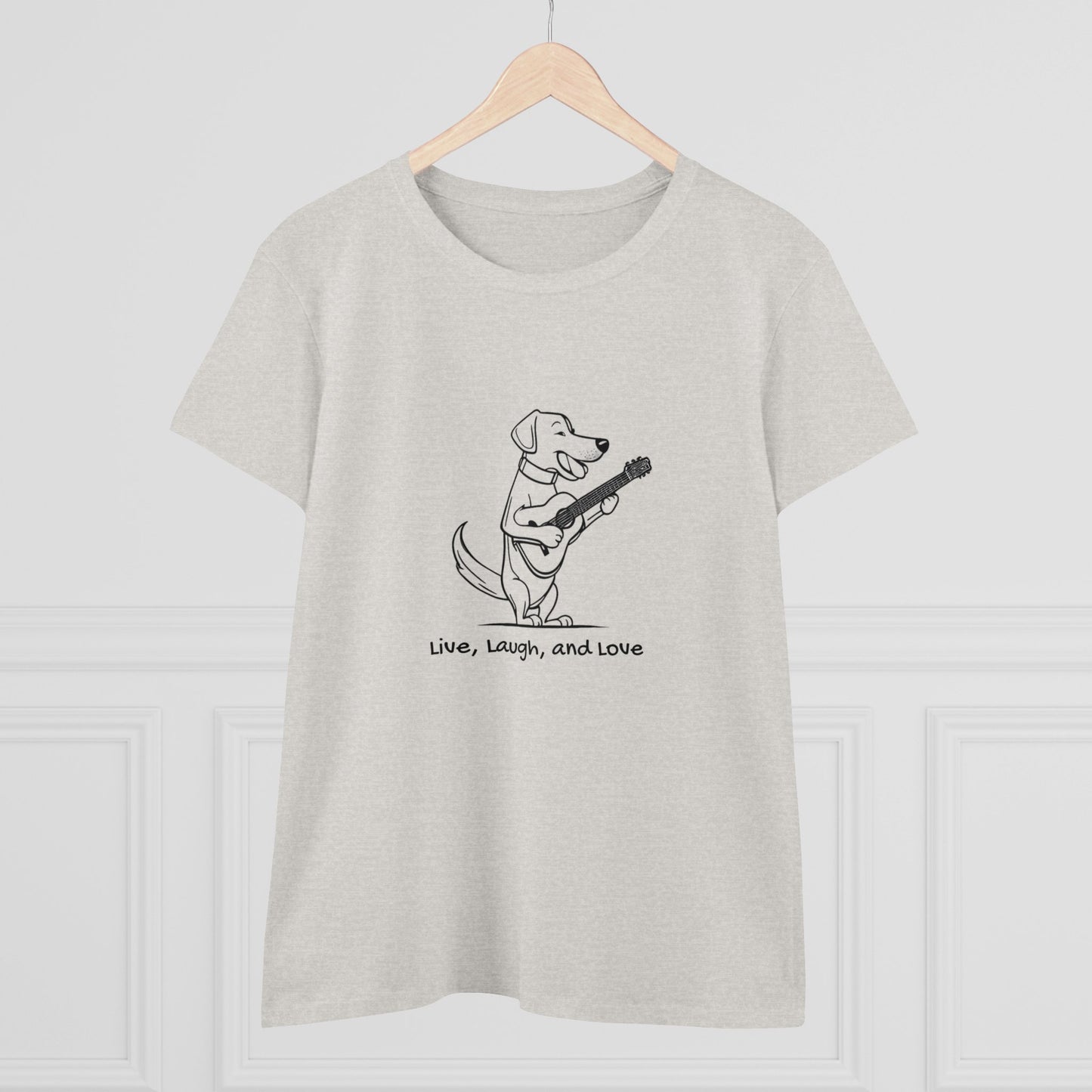 Dog With Guitar. Live, Laugh, and Love. Women's Midweight Cotton Tee