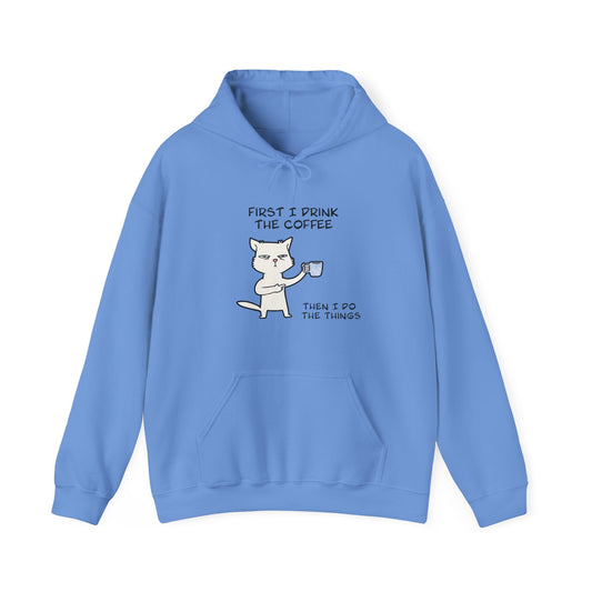 Cat Drinking Coffee To Kick Start The day and Do Things. Unisex Heavy Blend™ Hooded Sweatshirt