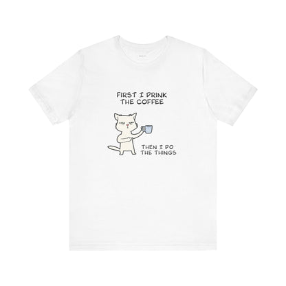 Cat Drinking Coffee To Kick Start The day and Do Things. Unisex Jersey Short Sleeve Tee