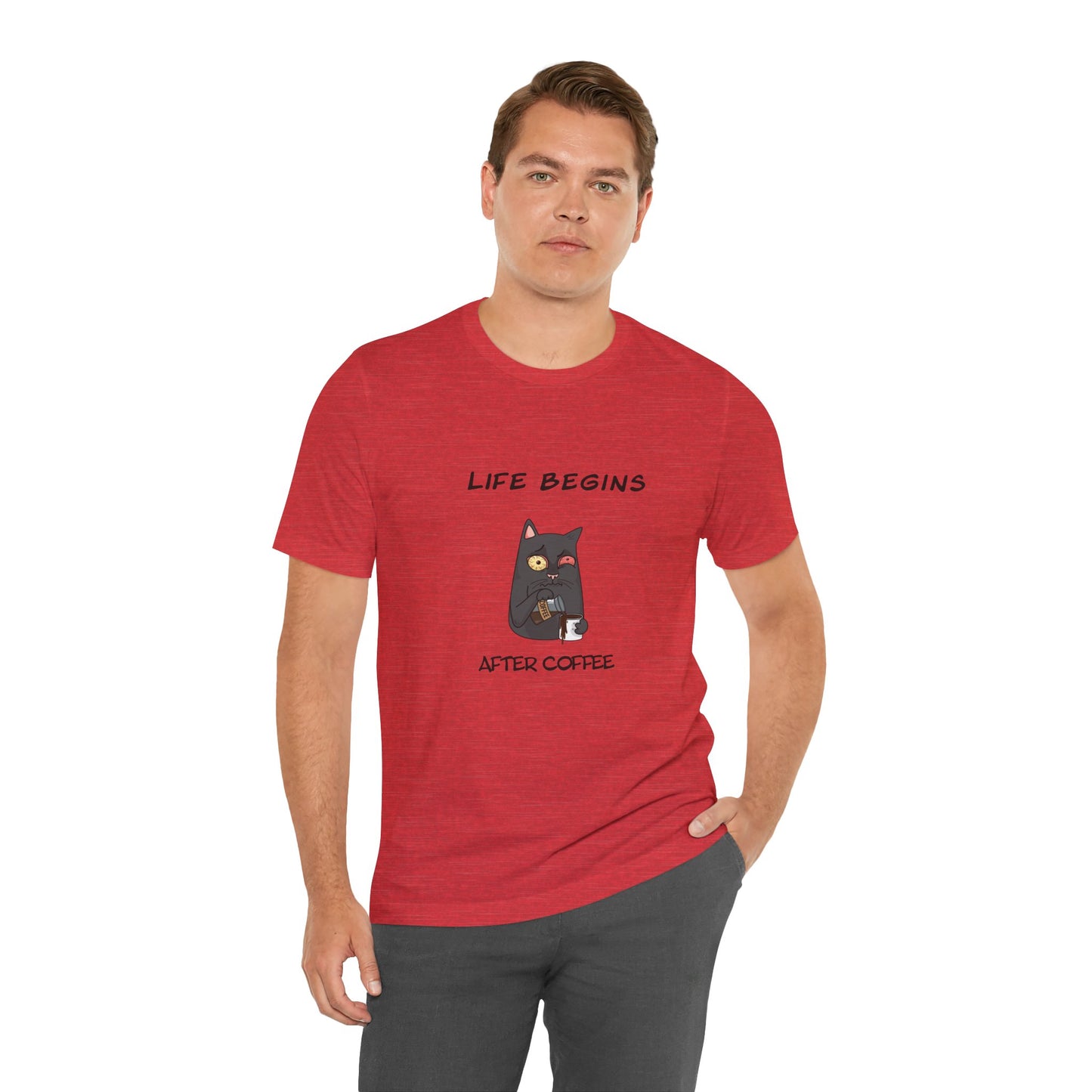 Luna The Cat. Life Begins After Coffee. Unisex Jersey Short Sleeve Tee
