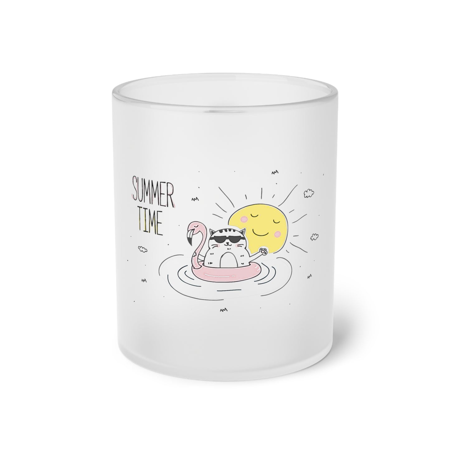 Jingles The Summertime Cat. Frosted Glass Mug