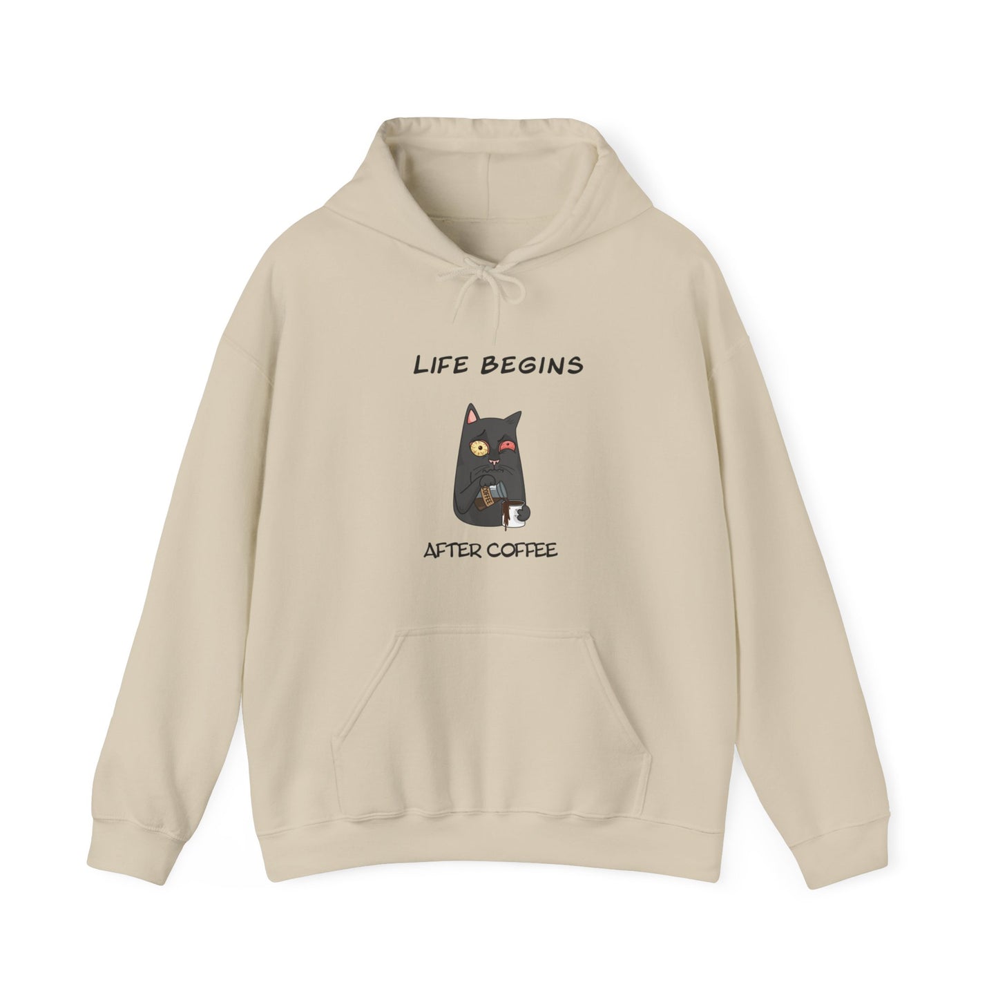 Luna The Cat. Life Begins After Coffee. Unisex Heavy Blend™ Hooded Sweatshirt