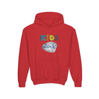 Kids Rock Heavy Blend Hoodie with Humorous Rock Design