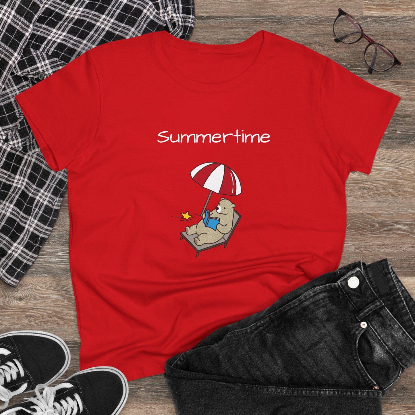 Summertime Bear Graphic Tee - Women’s Midweight Cotton T-Shirt | Eco-Friendly