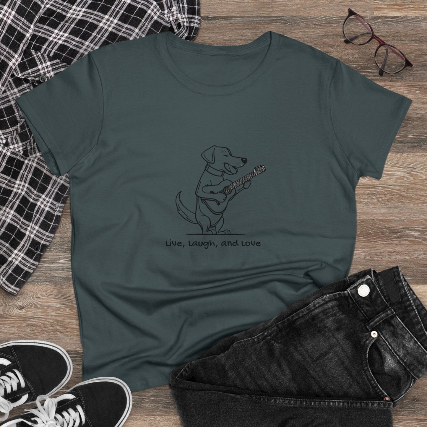Dog With Guitar. Live, Laugh, and Love. Women's Midweight Cotton Tee