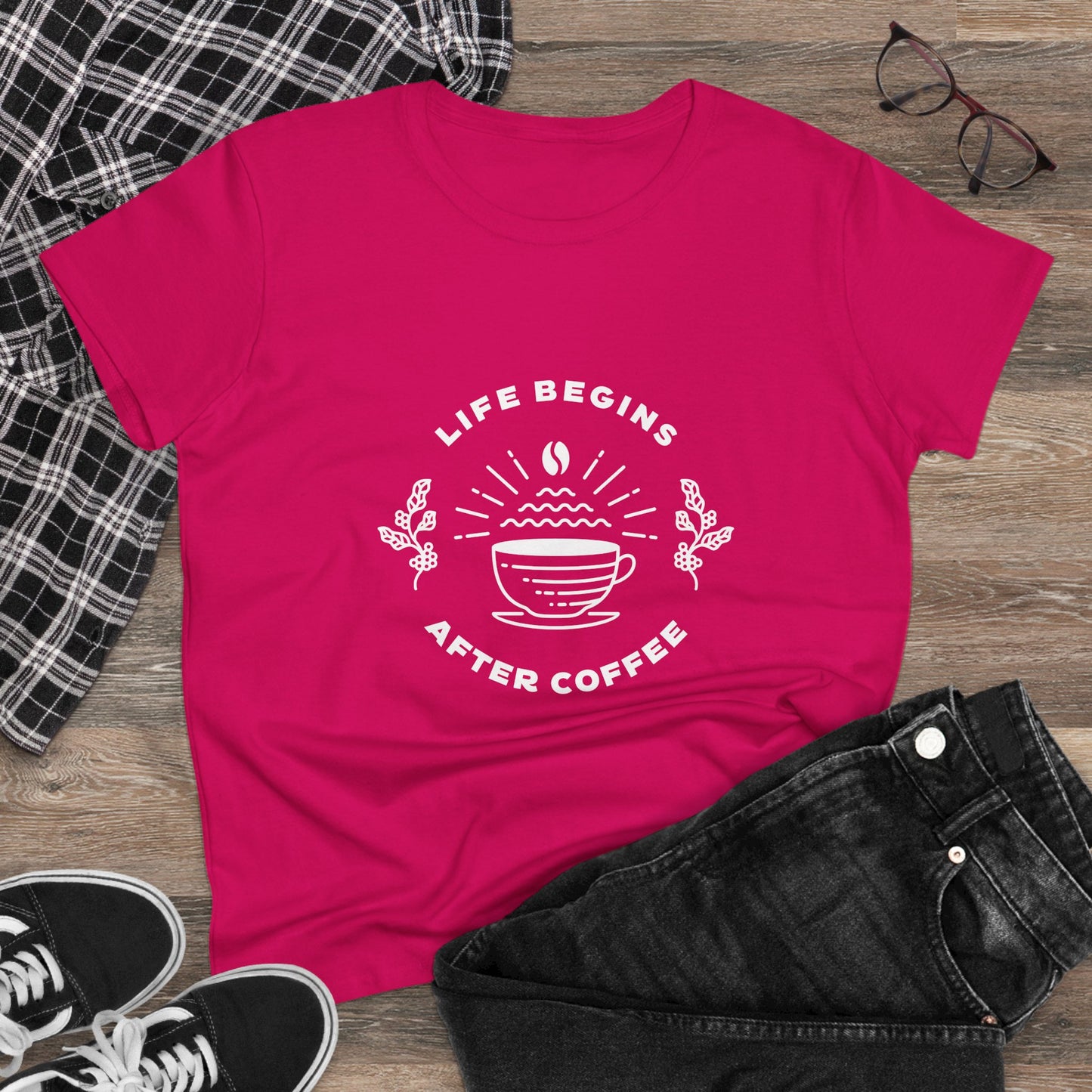 Life Begins After Coffee Graphic Tee. Women's Midweight Cotton Tee
