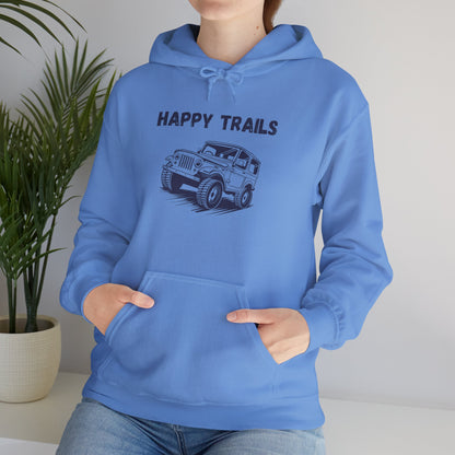 Happy Trails Unisex Hooded Sweatshirt, Cozy Outdoor Hoodie, Perfect Gift for Adventurers, Casual Wear, Great for Road Trips
