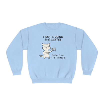 Cat Drinking Coffee To Kick Start The day and Do Things. Unisex NuBlend® Crewneck Sweatshirt