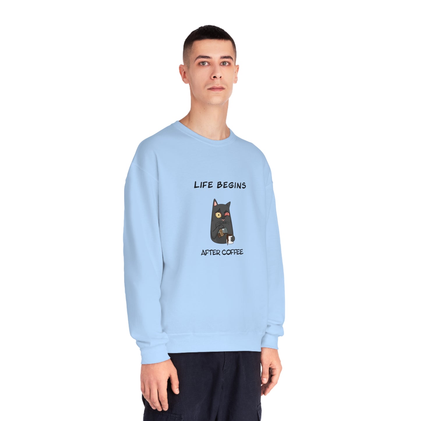 Luna The Cat. Life Begins After Coffee. Unisex NuBlend® Crewneck Sweatshirt