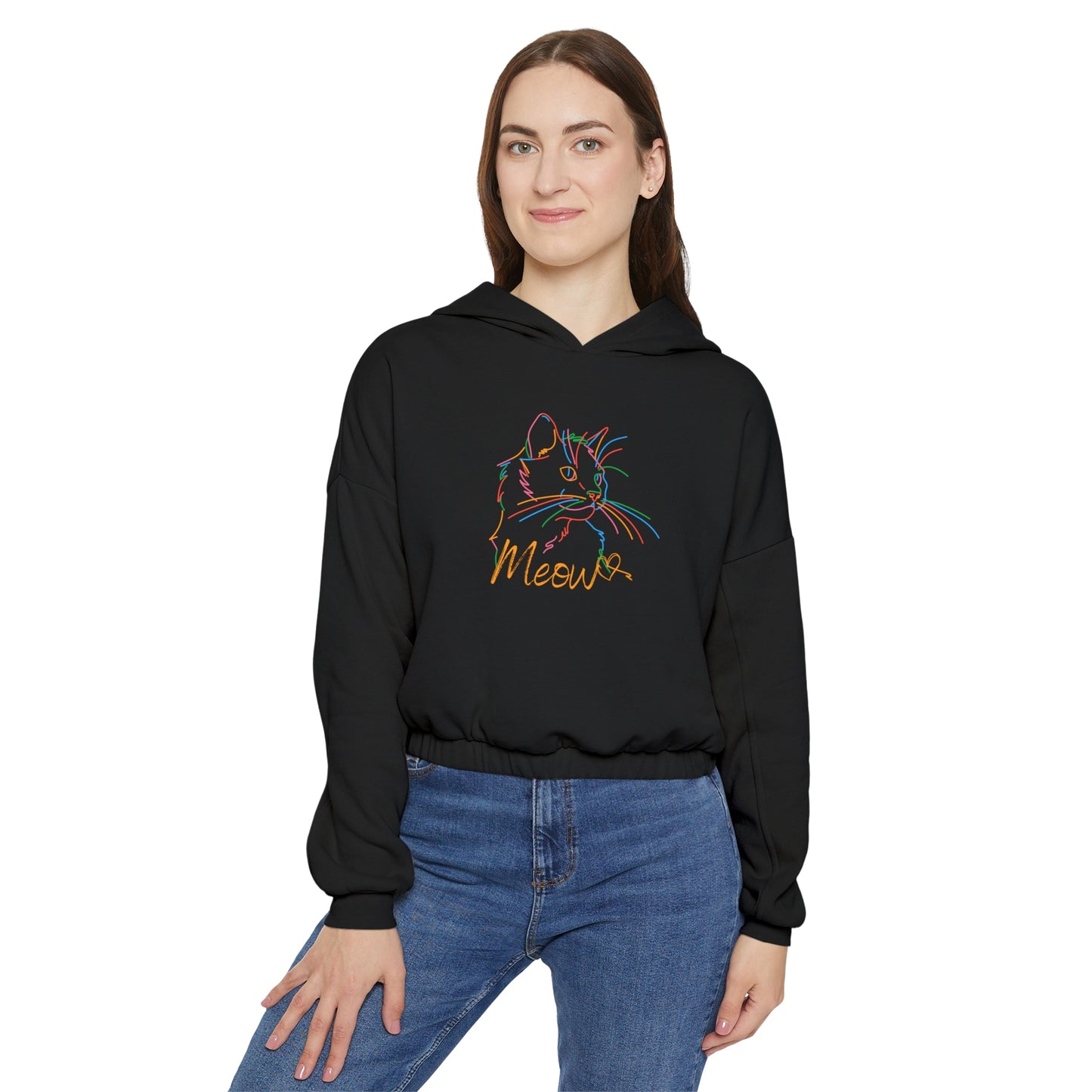 Meow. Cat with purrty color outlines. Women's Cinched Bottom Hoodie