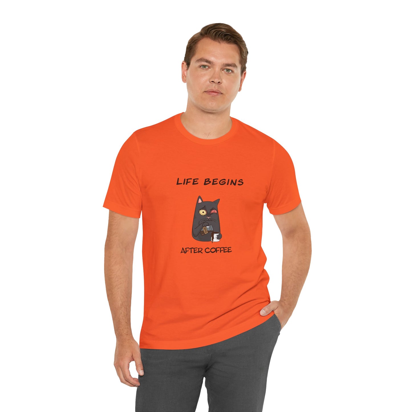Luna The Cat. Life Begins After Coffee. Unisex Jersey Short Sleeve Tee