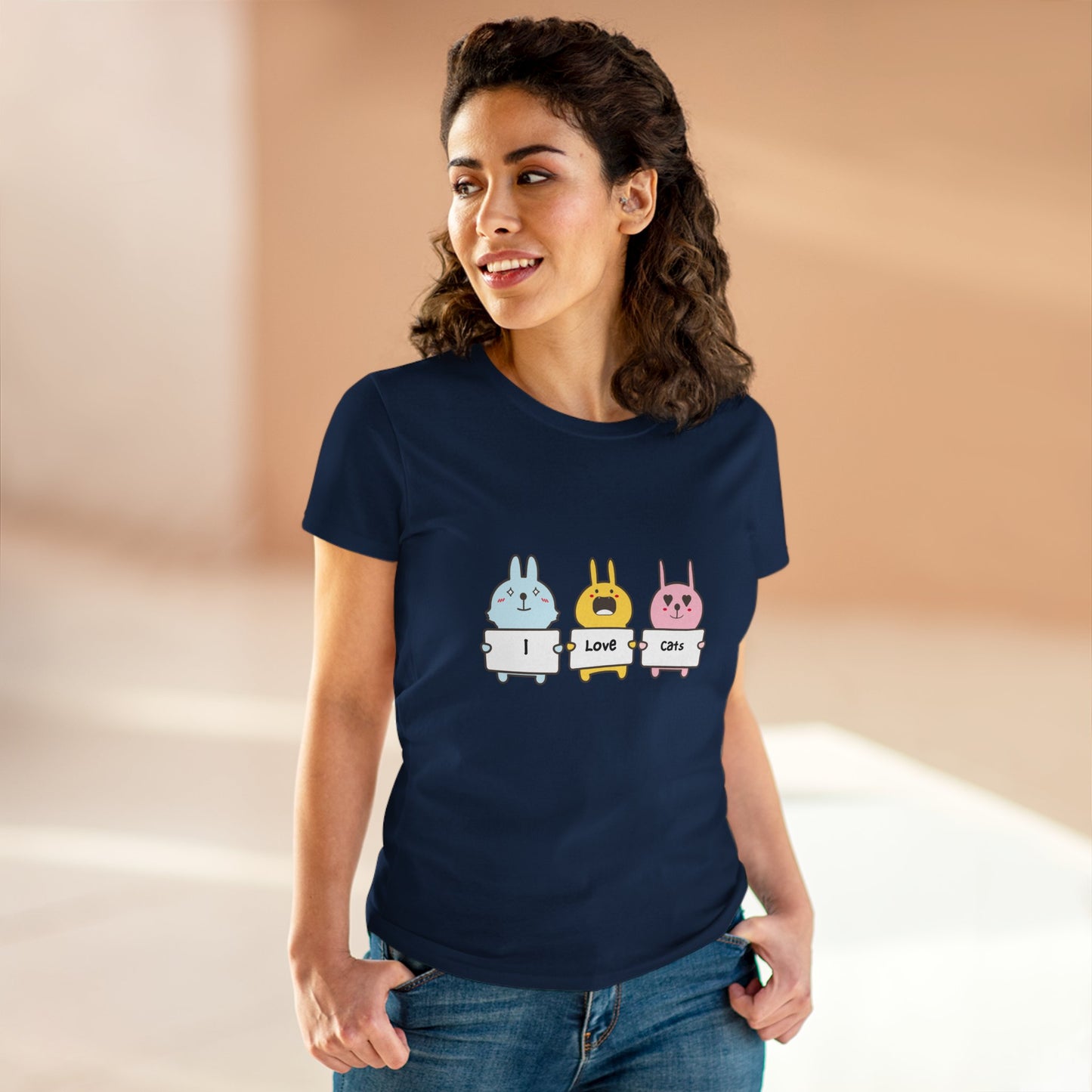 I Love Cats Women’s Midweight Cotton Tee – Cute Graphic Cat Lover T-Shirt