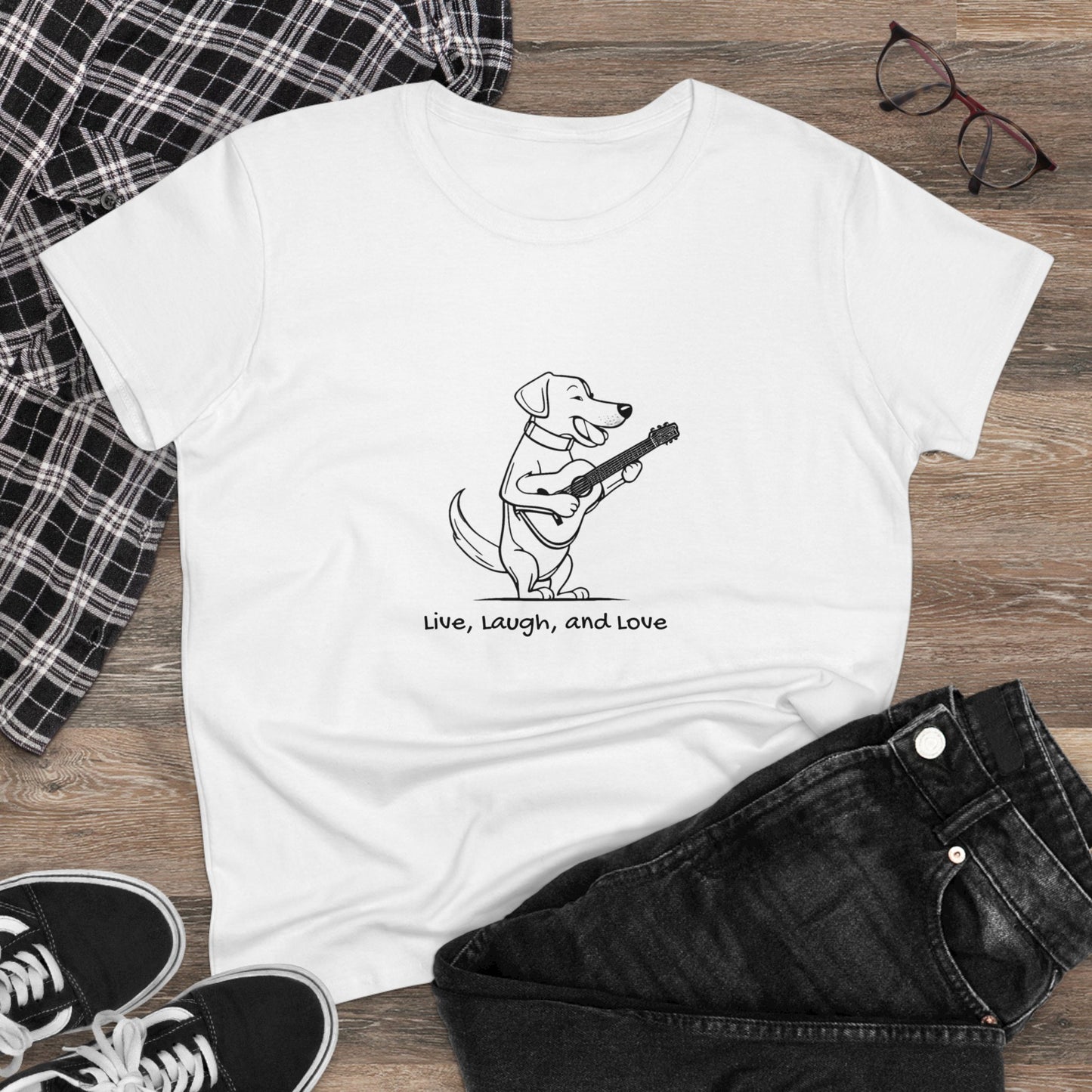 Dog With Guitar. Live, Laugh, and Love. Women's Midweight Cotton Tee