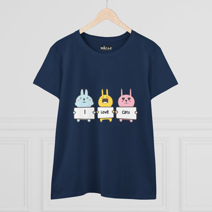 I Love Cats Women’s Midweight Cotton Tee – Cute Graphic Cat Lover T-Shirt