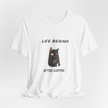 Luna The Cat. Life Begins After Coffee. Unisex Jersey Short Sleeve Tee