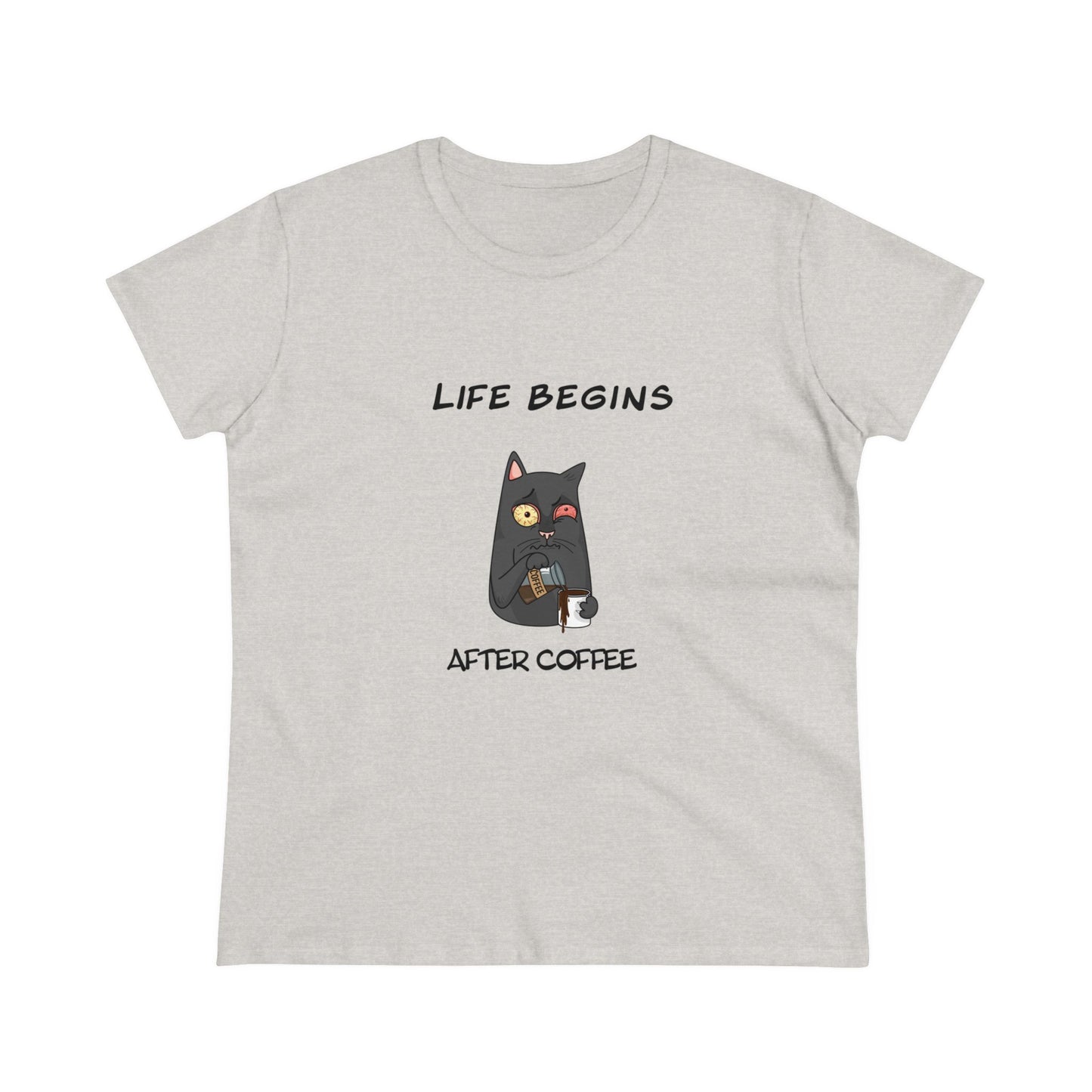 Luna The Cat. Life Begins After Coffee. Women's Midweight Cotton Tee